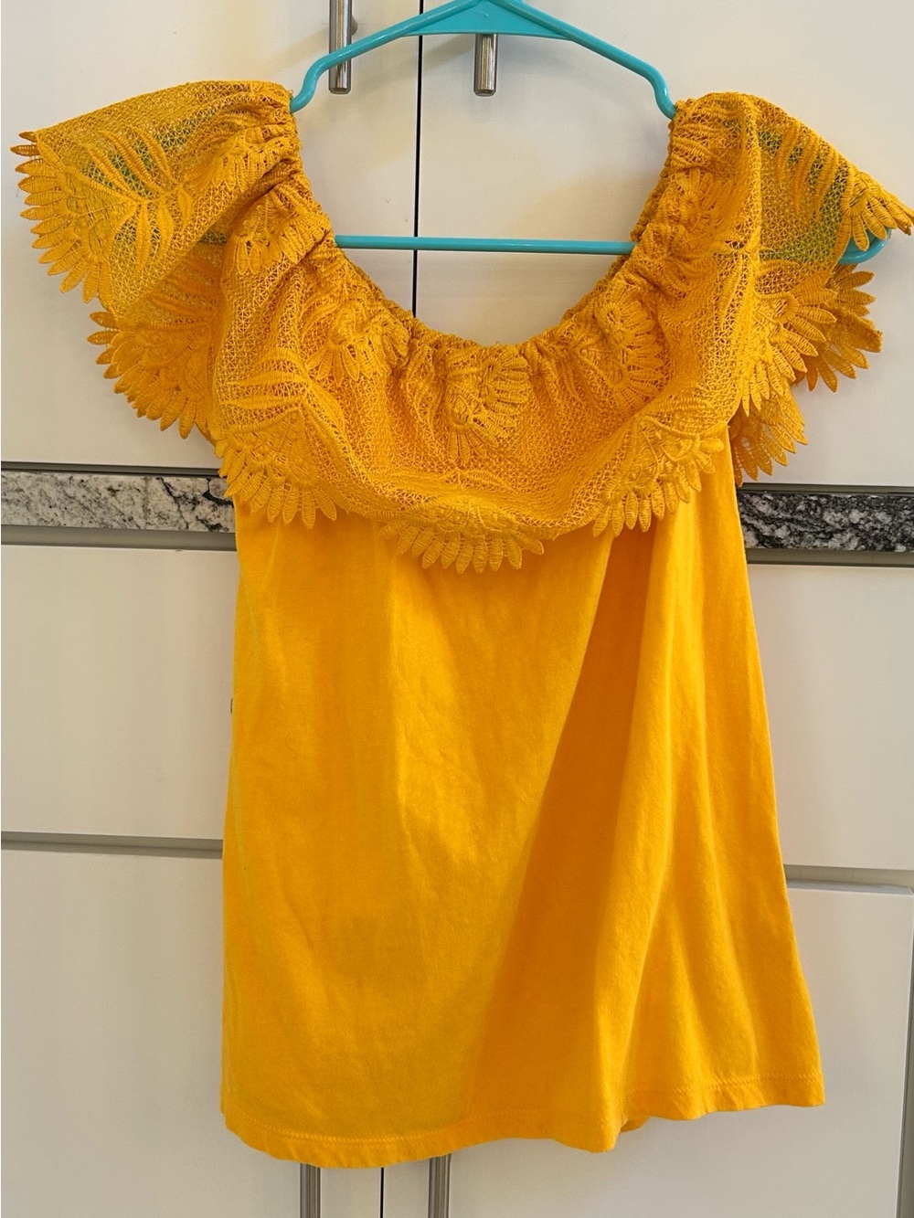 Womenβs Off-Shoulder Lace Trim Top marigold Yellow